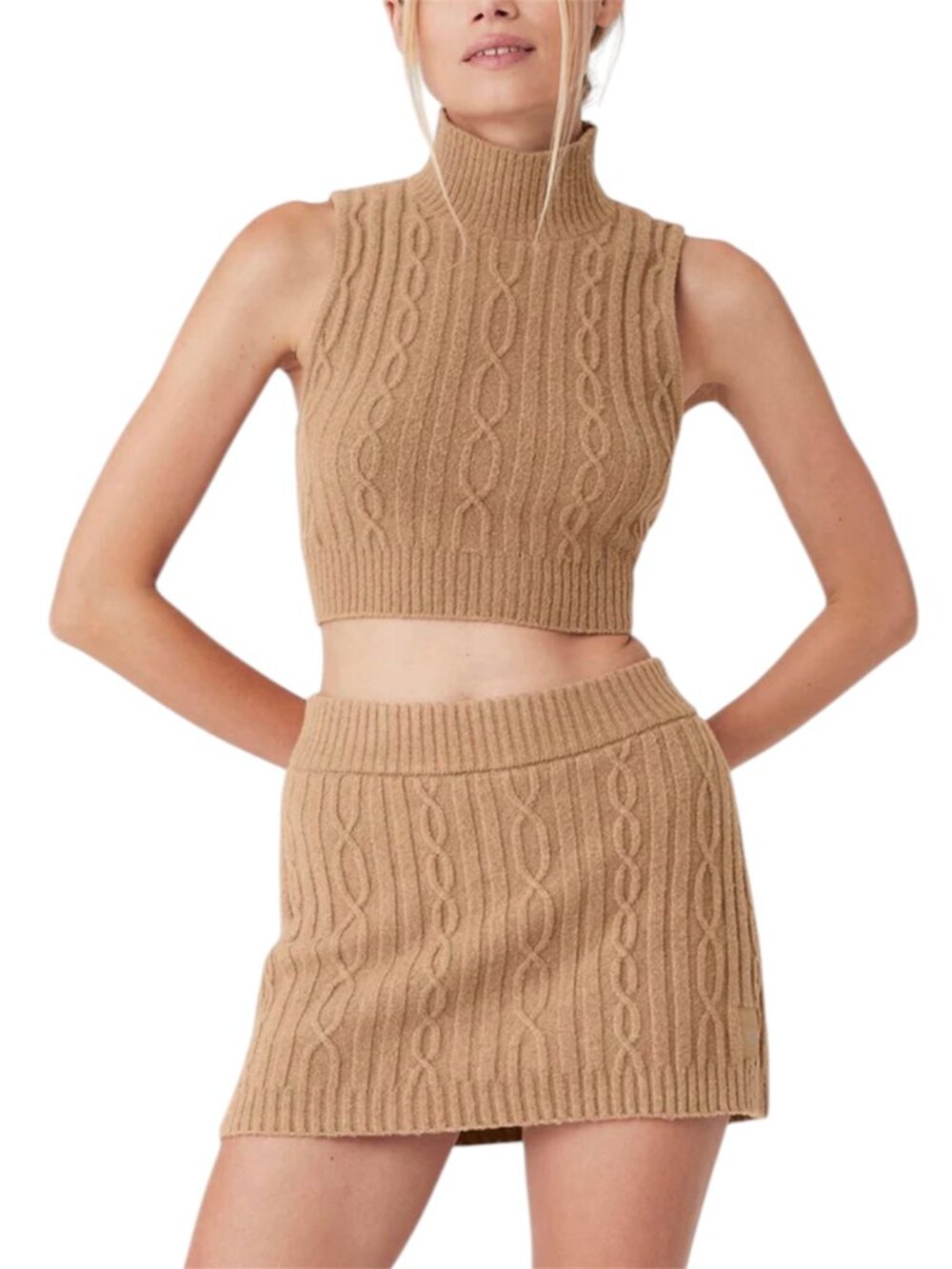 Alo Yoga Winter Bliss Cable Knit Toasted Almond Brown Tank Mini Skirt Set L
